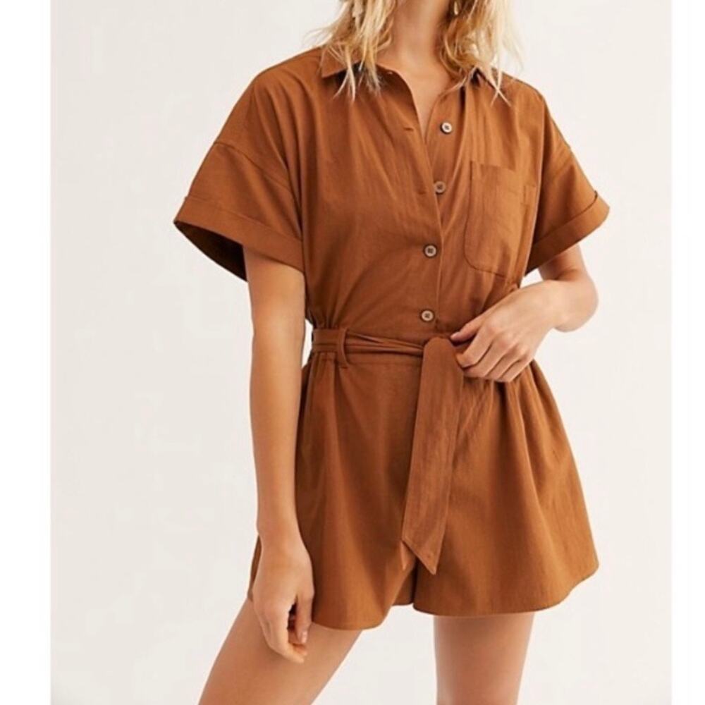 Free People Utility Cotton Knit Belted Romper Women's Medium Terracotta